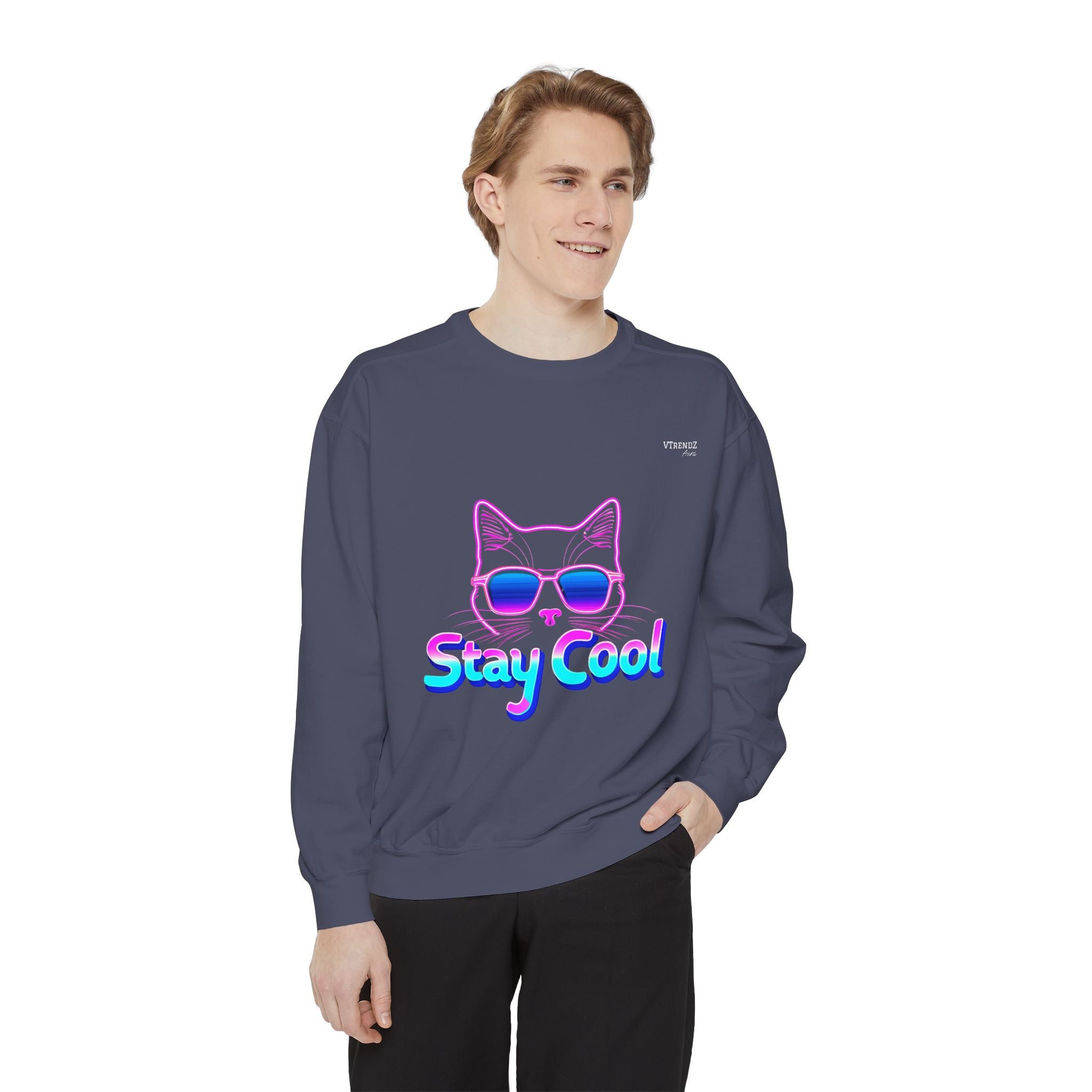 Chill Cat Sweatshirt, Unisex Garment-Dyed, Stay Cool Design, Cozy Sweatshirt, Perfect Gift for Cat Lovers, Casual Streetwear