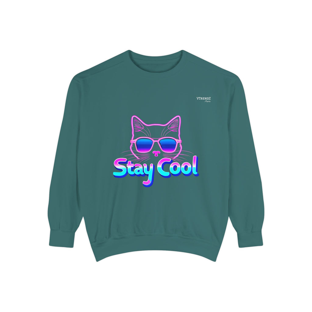Chill Cat Sweatshirt, Unisex Garment-Dyed, Stay Cool Design, Cozy Sweatshirt, Perfect Gift for Cat Lovers, Casual Streetwear