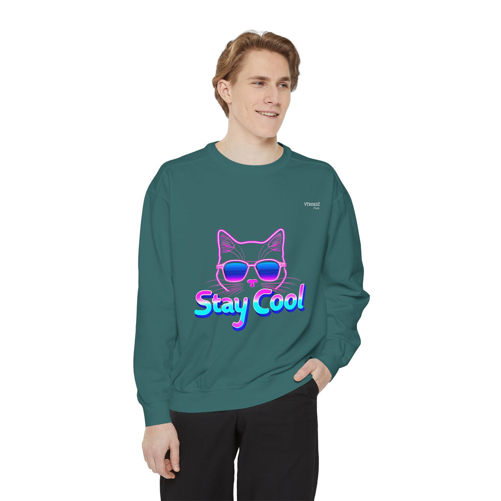 Chill Cat Sweatshirt, Unisex Garment-Dyed, Stay Cool Design, Cozy Sweatshirt, Perfect Gift for Cat Lovers, Casual Streetwear