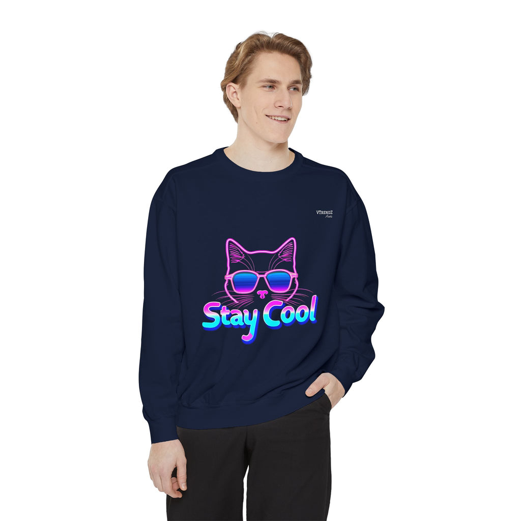 Chill Cat Sweatshirt, Unisex Garment-Dyed, Stay Cool Design, Cozy Sweatshirt, Perfect Gift for Cat Lovers, Casual Streetwear