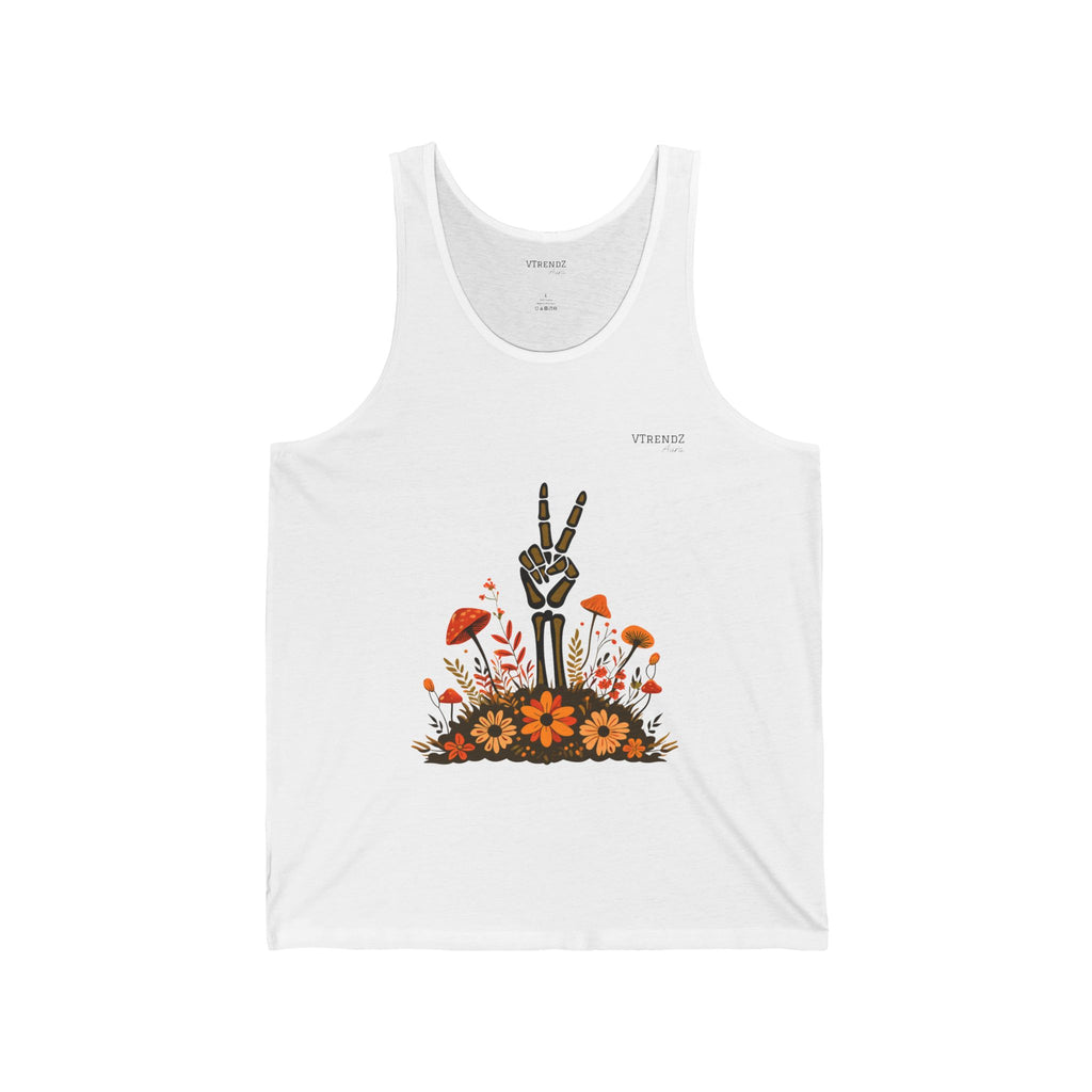 Floral Peace Sign Tank Top, Summer Casual Wear, Unisex Jersey Tank, Festival Outfit, Boho Style Top, Gift for Anyone, Nature Lover's Apparel